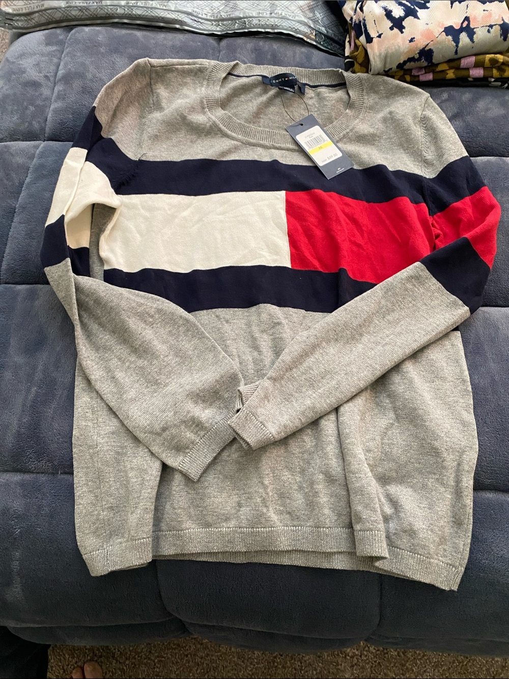 Tommy Hilfiger Grey Crewneck Sweater with Navy, White and Red Block Stripe
